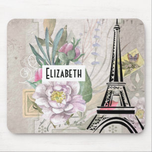 Mousepad Ilustração de Colagem de Flor Vintage e Torre Ei