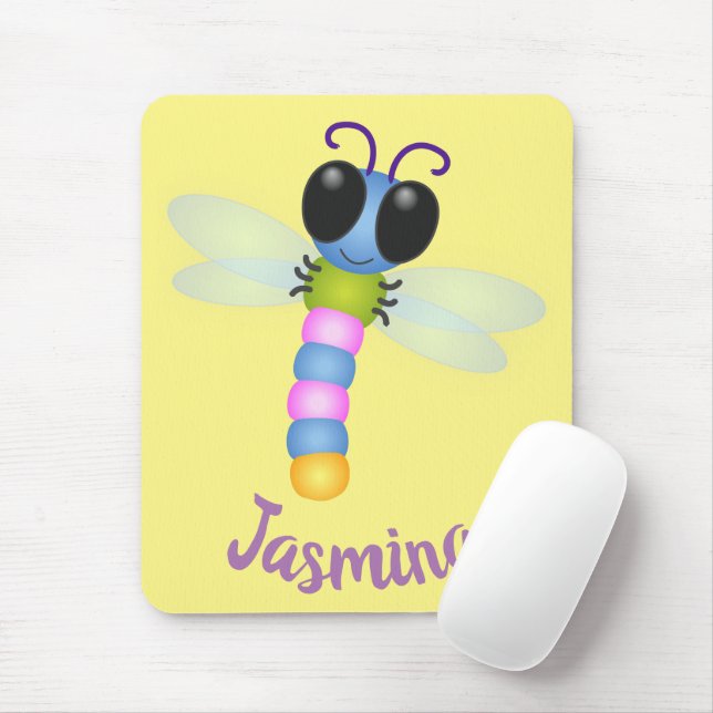 Mousepad Ilustração de desenho animado de libélula, azul e  (Com mouse)