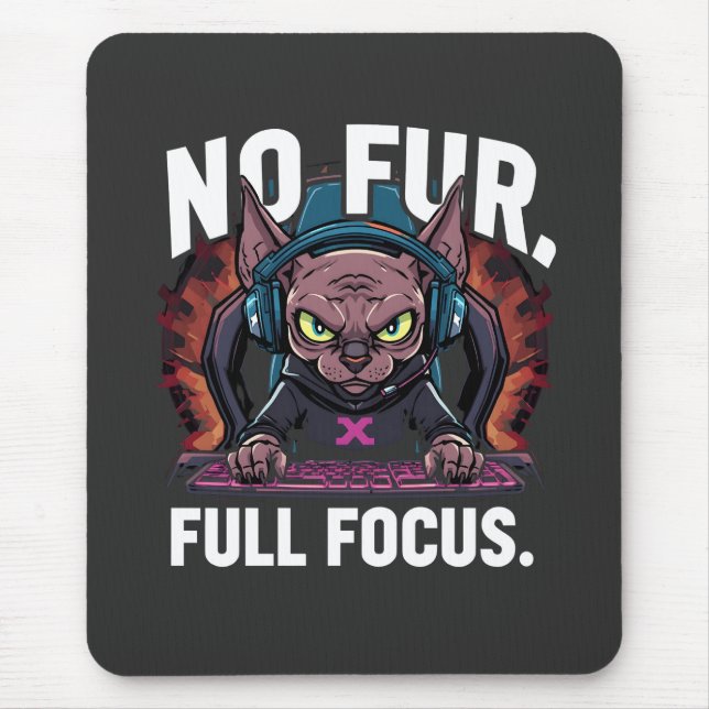 Mousepad Ilustração de Gato Sphynx Jogador com Foco Total (Frente)