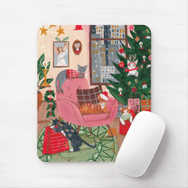Mousepad Ilustração de Natal de gato rosa-claro (Com mouse)
