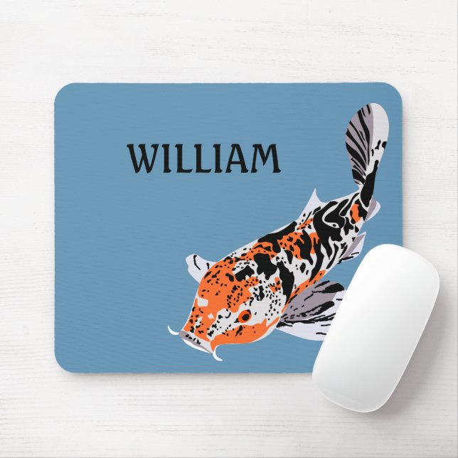Mousepad Ilustração de Peixe Koi Laranja e Azul Personaliza (Com mouse)