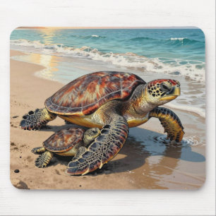 Mousepad Ilustração de Tartaruga Marinha e Bebê na Praia