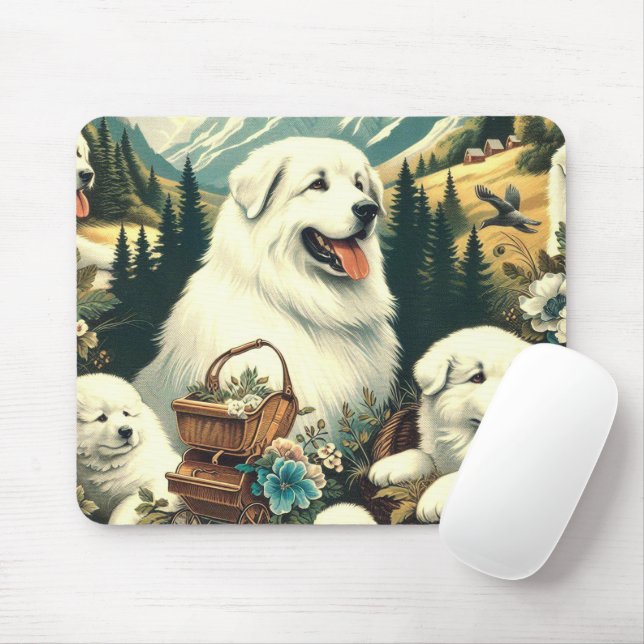 Mousepad Ilustração do Cão em Pirenéus Excelentes Vintage (Com mouse)