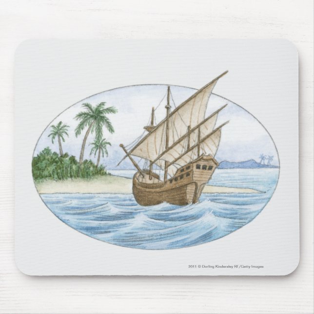 Mousepad Ilustração do navio do século XVI perto da ilha (Frente)