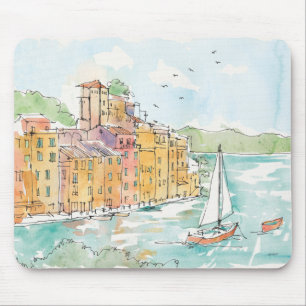 Mousepad Ilustração do porto de Porofino com veleiro