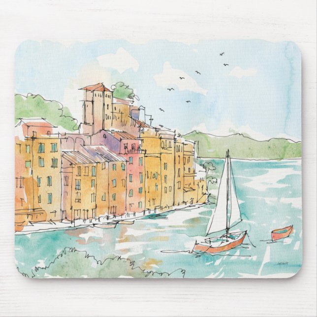 Mousepad Ilustração do porto de Porofino com veleiro (Frente)