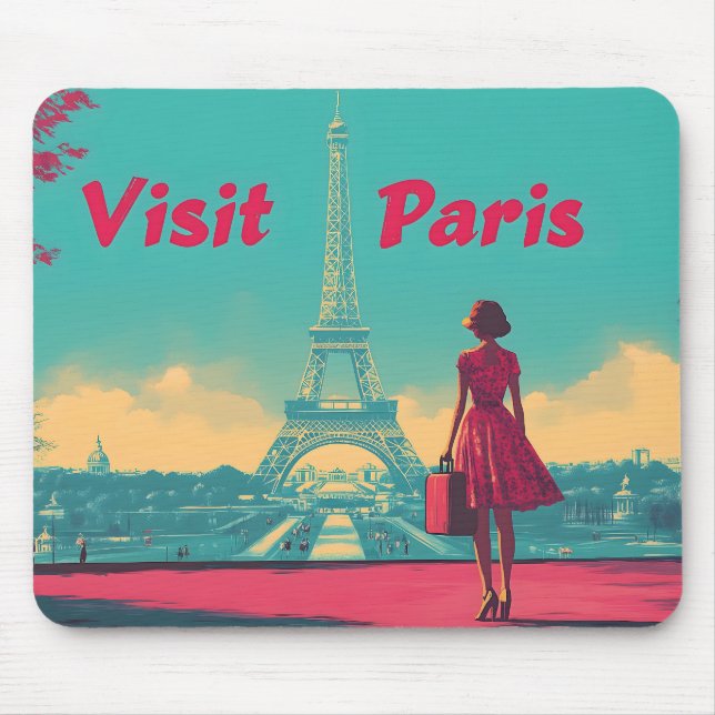 Mousepad Ilustração do Viagem da Torre Eiffel Retro com Car (Frente)