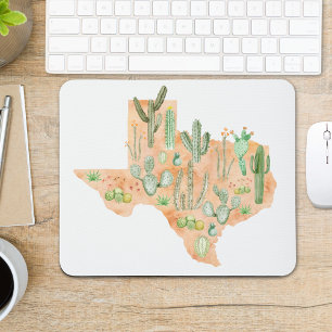 Mousepad Ilustração em Aquarela de Mapa de Cactus do Texas