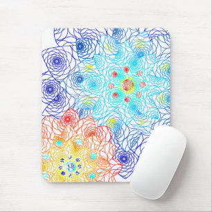 Mousepad Ilustração Floral de Flores Azuis e Vermelhas