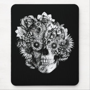 Mousepad Ilustração floral do crânio do ohm da borboleta
