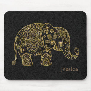 Mousepad Ilustração floral Dourado do elefante de paisley