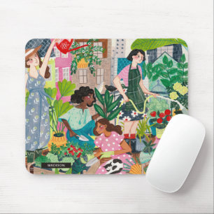Mousepad Ilustração moderna de jardinagem de mulheres verde