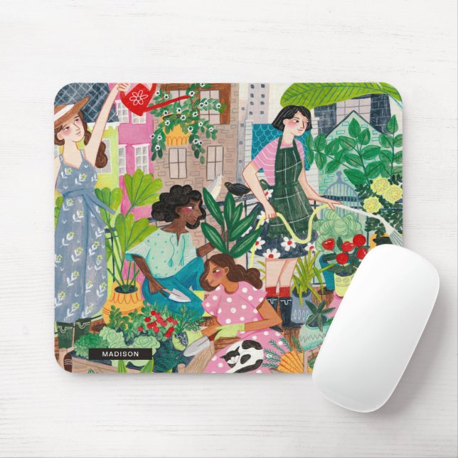 Mousepad Ilustração moderna de jardinagem de mulheres verde (Com mouse)