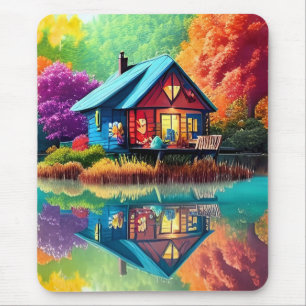 Mousepad Ilustração paisagística com lago de algodão