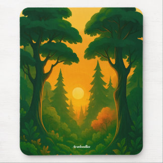 Mousepad Ilustração Vibrante da Floresta ao Pôr do Sol