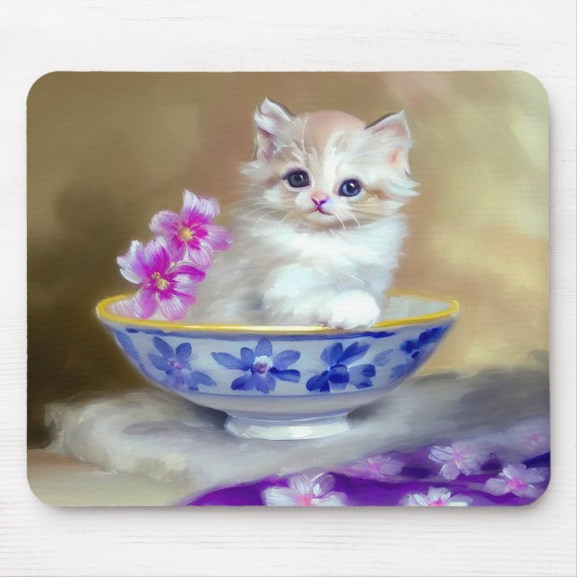 Mousepad Ilustração Vintage White Kitten (Frente)