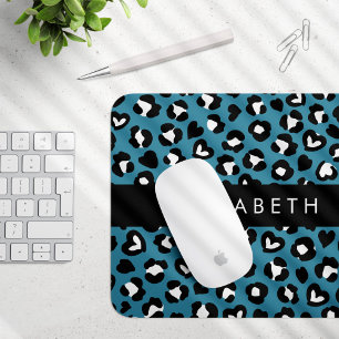 Mousepad Impressão Animal, Leopardo Azul, Corações, Seu Nom