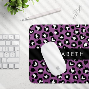 Mousepad Impressão Animal, Leopardo Roxo, Corações, Seu Nom