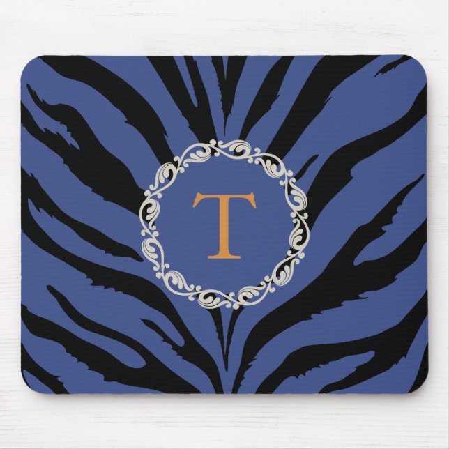 Mousepad Impressão azul do tigre com monograma (Frente)