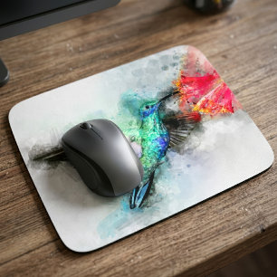 Mousepad Impressão de Arte Floral em Aquarela de Beija-flor