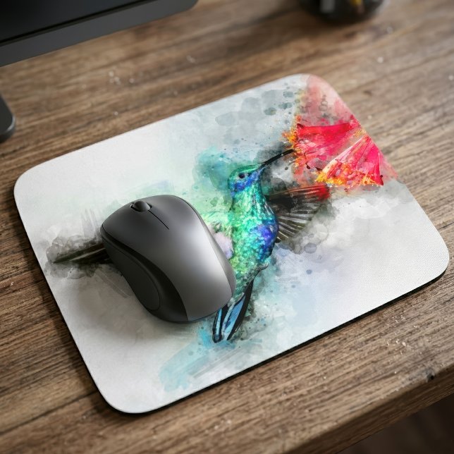 Mousepad Impressão de Arte Floral em Aquarela de Beija-flor (Vibrant Hummingbird Watercolor Floral Art Print. Mouse Pad)
