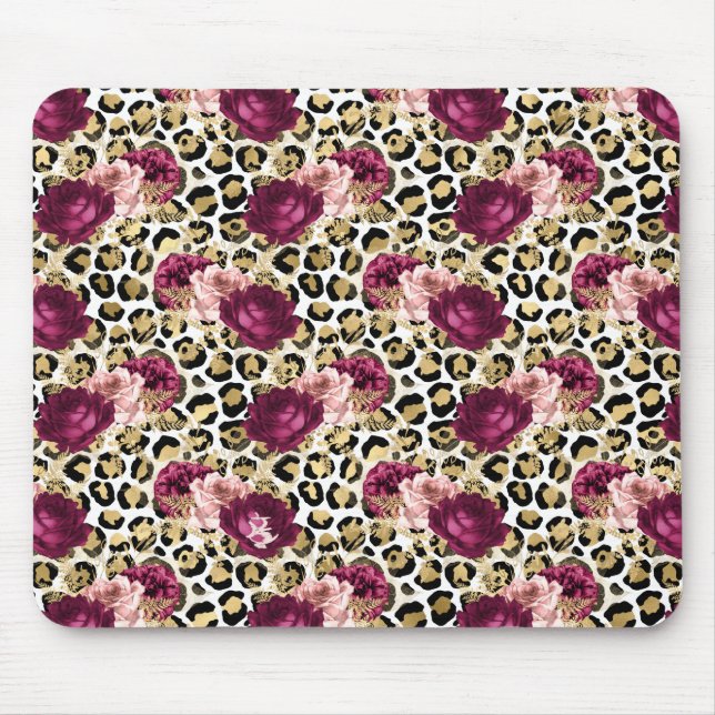 Mousepad Impressão de Leopardo Flor Rosa Rosa Dourada para  (Frente)