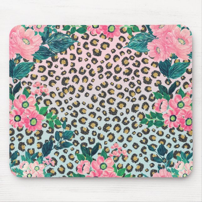 Mousepad Impressão de Leopardo Floral de Ombre Rosa Girasso (Frente)