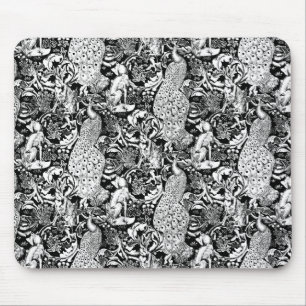 Mousepad Impressão de Pavão Art Nouveau, Preto e Branco