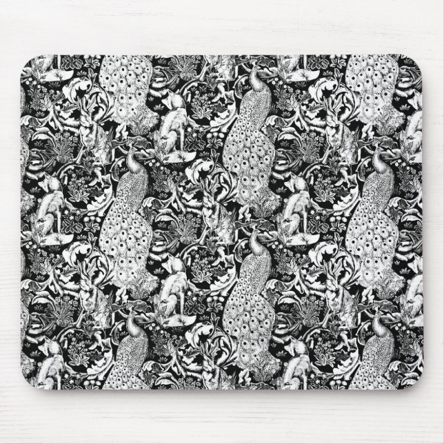 Mousepad Impressão de Pavão Art Nouveau, Preto e Branco (Frente)