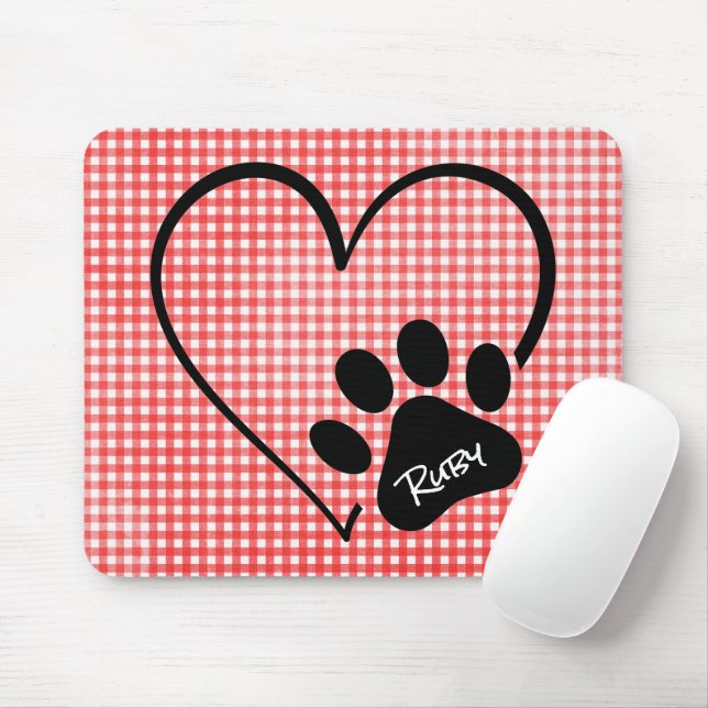 Mousepad Impressão e Coração em Gingham da Pata de Cães (Com mouse)