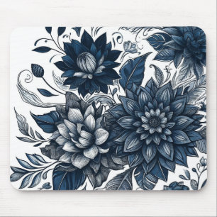 Mousepad Impressão Floral Boêmia Azul e Branco