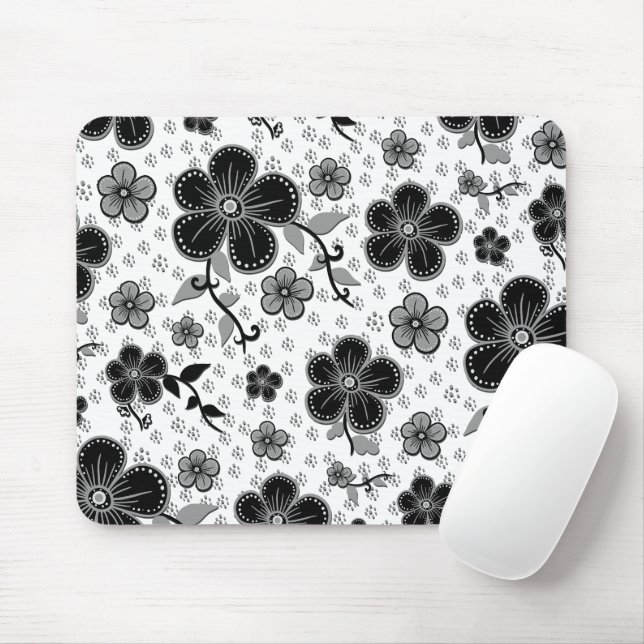 Mousepad Impressão Floral preto-e-branco (Com mouse)