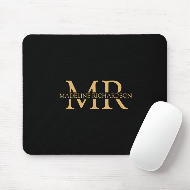 Mousepad Iniciais de Nome de Monograma Dourado Preto Profis (Com mouse)