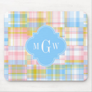 Mousepad Iniciais de Pré-Papoila Madras Pastel Quatrefoil