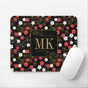 Mousepad Iniciais do Monograma do Flor Sakura Negra Japonês