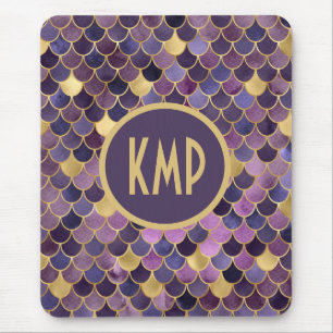 Mousepad Iniciais Monograma Escamas de Sereia Roxo Dourado