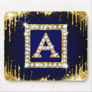 Mousepad Inicial A com Monograma Dourado e Brilho Azul