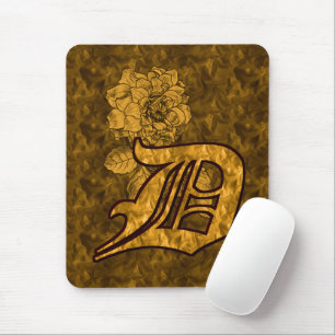 Mousepad Inicial D de Monograma Flor de Peônia Dourada