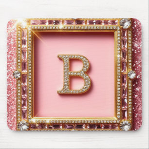 Mousepad Inicial de Diamante B Glitter Rosa Moldura Dourada