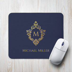 Mousepad Inicial do monograma azul marinho com crista em do