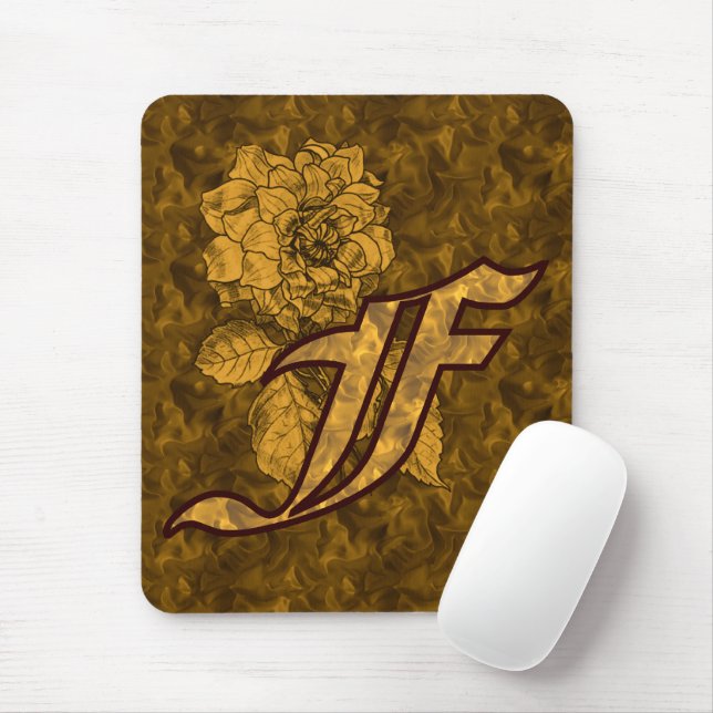 Mousepad Inicial do Monograma F Peônia Dourada  (Com mouse)