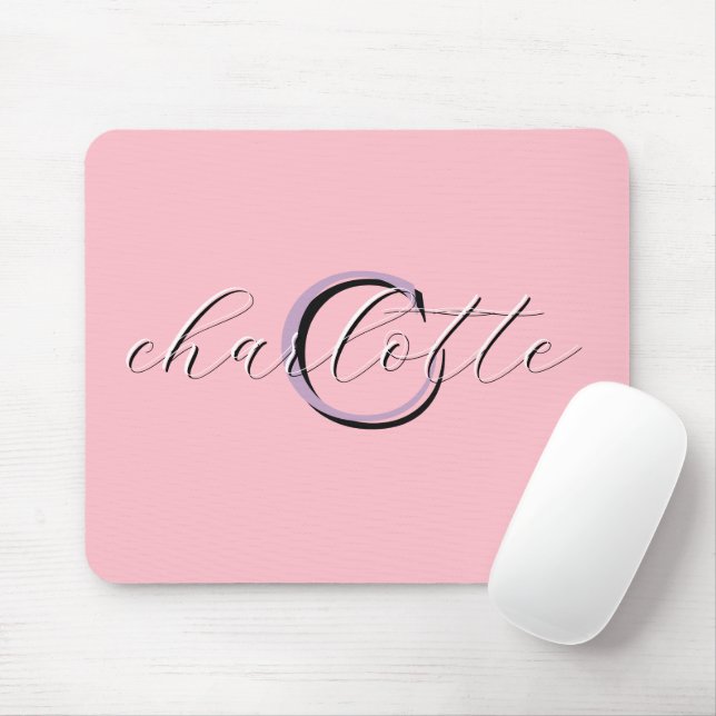 Mousepad Inicial e Nome Monograma Rosa Personalizado (Com mouse)