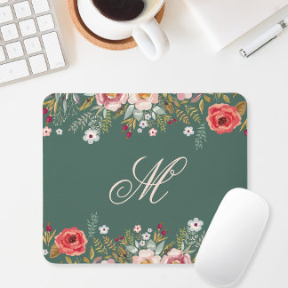 Mousepad Inicial Floral Verde Sage Escuro Clássico Personal