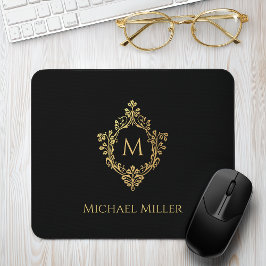 Mousepad Inicial Monograma Ouro Preto Elegante Brasão Vinta