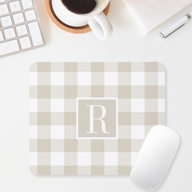 Mousepad Inicial Monograma Xadrez Búfalo Bege Moderno (Criador carregado)