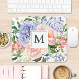 Mousepad Inicial Monogramada Aquarela Floral Rosa Azul