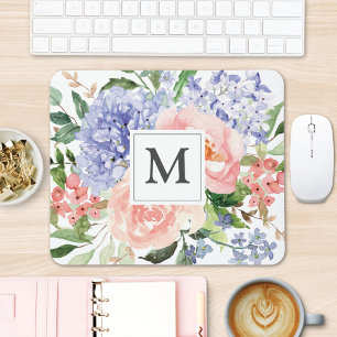 Mousepad Inicial Monogramada Aquarela Floral Rosa Azul