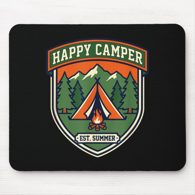 Mousepad Insígnia de acampamento feliz barraca fogueira mon (Frente)
