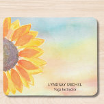 Mousepad Instrutor Sunflower Yoga<br><div class="desc">Este mouse floral é decorado com girassol amarelo,  tipografia de na moda e fundo de aquarela. Facilmente personalizável. Original Watercolor © Michele Davies.</div>