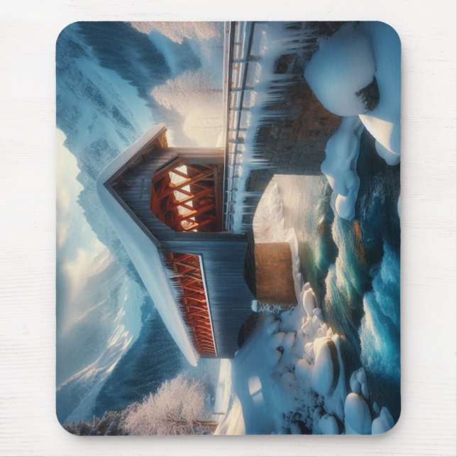 Mousepad Inverno, ponte coberta por neve e rio (Frente)